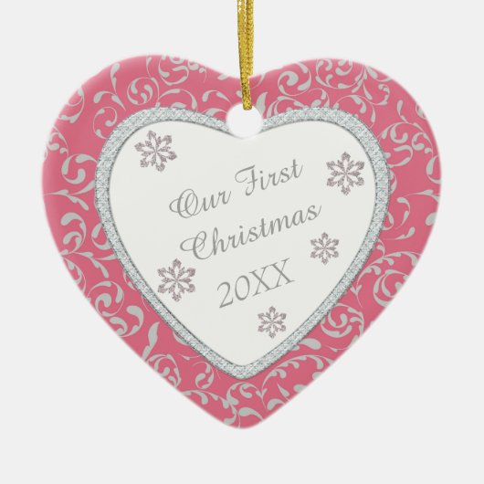 Pink Damask Imitate Diamond Erste Weihnachtsfeier Keramik Ornament (Vorne)