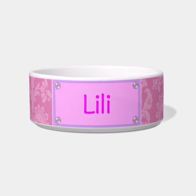 Pink Damask Pet Bowl Personalisiert Napf (Vorderseite)