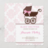 Pink Damask Pram Kinderdusche Einladungen (Vorne/Hinten)
