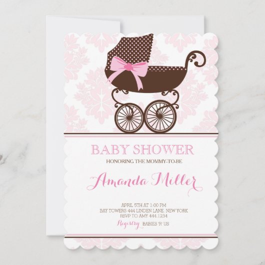 Pink Damask Pram Kinderdusche Einladungen (Vorderseite)
