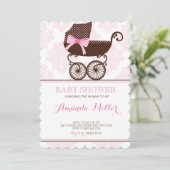 Pink Damask Pram Kinderdusche Einladungen (Stehend Vorderseite)