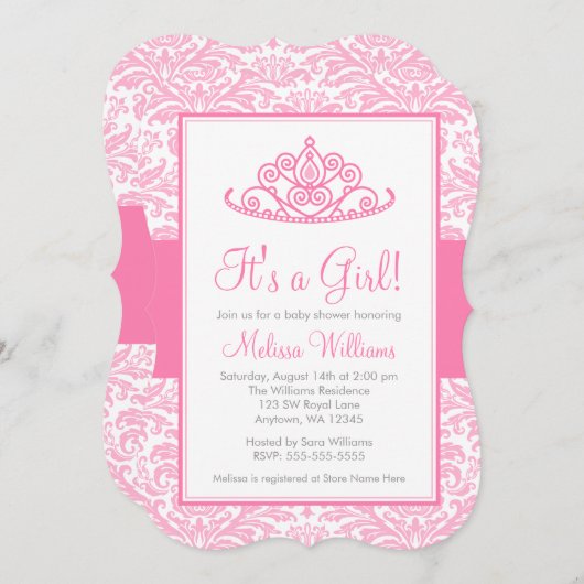 Pink Damask Princess Crown Girl Babydusche Einladung (Vorne/Hinten)