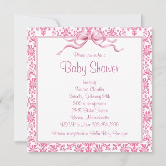 Pink Damask Satin Hintern Baby Girl Dusche Einladung (Rückseite)