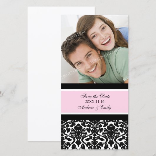Pink Damask Save the Date Hochzeitsfotokarten (Vorne/Hinten)