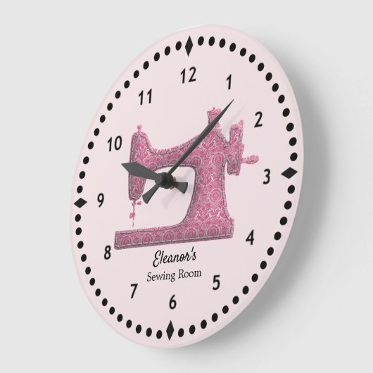 Pink Damask Sewing Machine Große Wanduhr (Winkel)