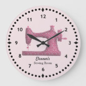 Pink Damask Sewing Machine Große Wanduhr (Vorderseite)