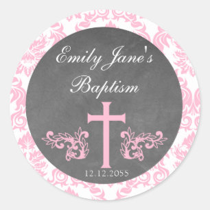 Pink Damask Taufe Gefallen Stickers Tags