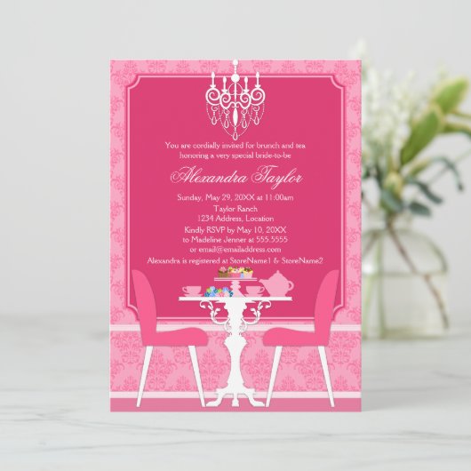 Pink Damask und Chandelier Bridal Tee Party Einladung (Stehend Vorderseite)