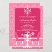 Pink Damask und Chandelier Bridal Tee Party Einladung (Vorne/Hinten)