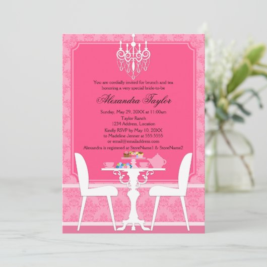 Pink Damask und Chandelier Bridal Tee Party Einladung (Stehend Vorderseite)