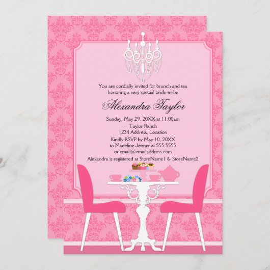 Pink Damask und Chandelier Bridal Tee Party Einladung (Vorne/Hinten)