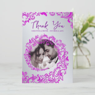 Pink Damask Wedding Danke Foto Card