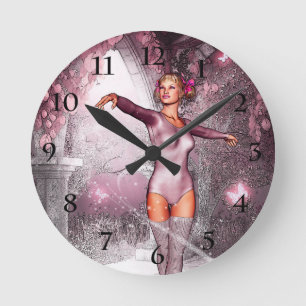 Pink dancing ballerina and beautiful butterflies runde wanduhr
