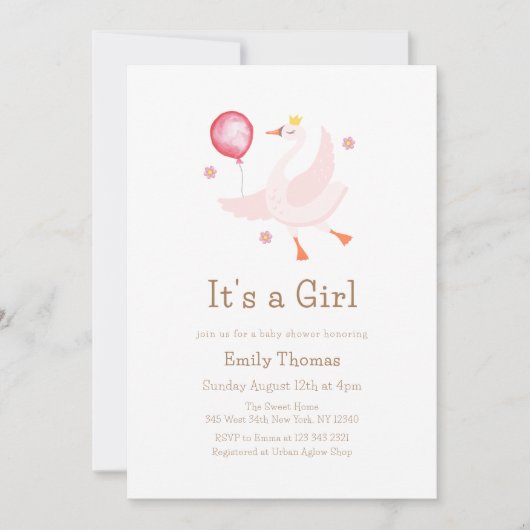 Pink Dancing Princess Swan Balloon Babydusche Einladung (Vorderseite)