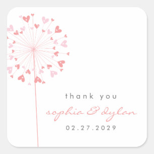 Pink Dandelion Blume Liebe Herz Sommerhochzeit Quadratischer Aufkleber