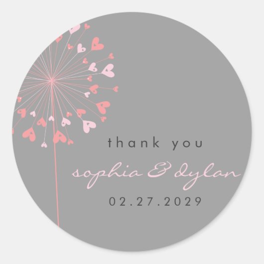 Pink Dandelion Blume Liebe Herz Sommerhochzeit Runder Aufkleber (Vorderseite)
