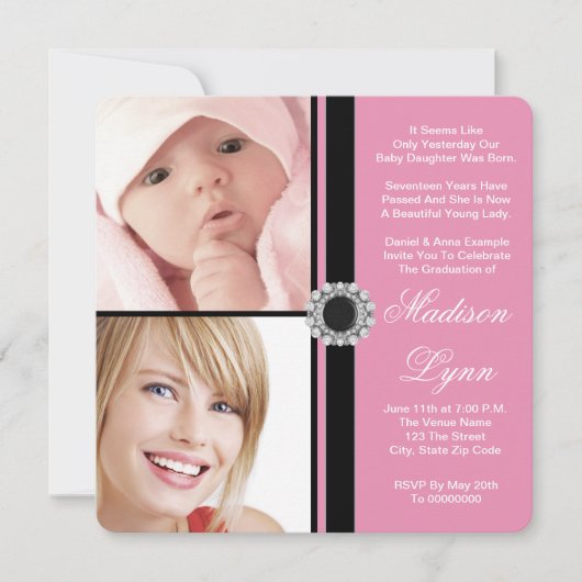 Pink Dann und Jetzt Foto Abschluss Einladung (Vorderseite)