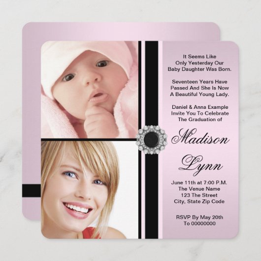 Pink Dann und Jetzt Foto Abschluss Einladung (Vorne/Hinten)