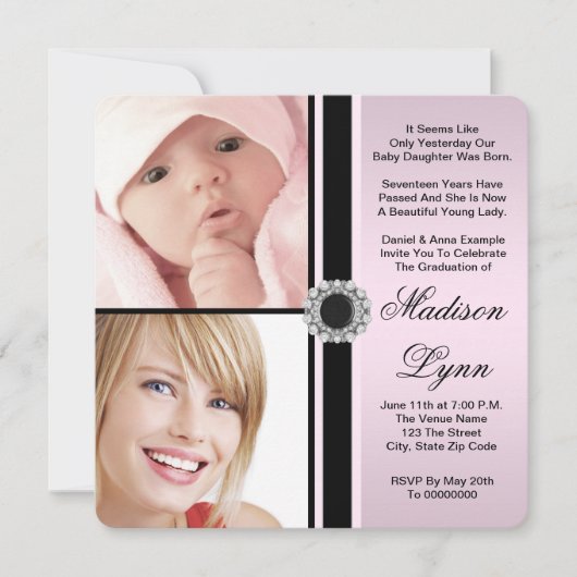 Pink Dann und Jetzt Foto Abschluss Einladung (Vorderseite)