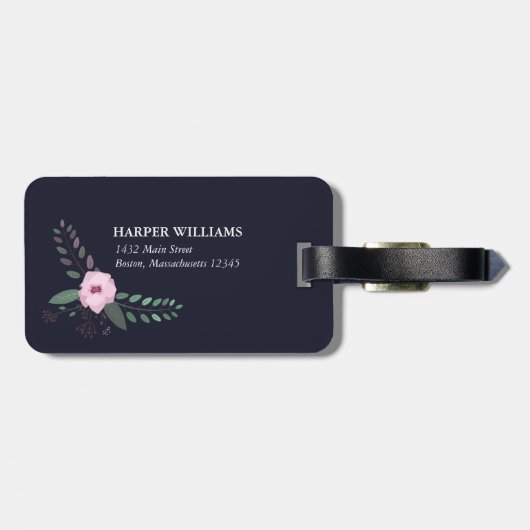 Pink & Dark Blue Rose Muster Individuelle Name-Adr Gepäckanhänger (Rückseite horizontal)