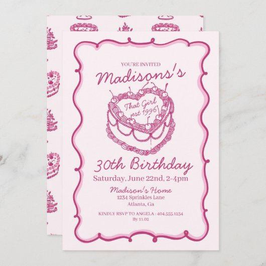 Pink das Mädchen Herz Coquette Cherry Cake Geburts Einladung (Vorne/Hinten)