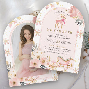 Pink Deer Winter Wonderland Foto Babydusche Einladung