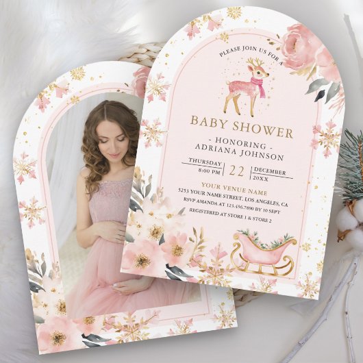 Pink Deer Winter Wonderland Foto Babydusche Einladung