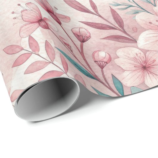 Pink Delicate Blume Wrapping Paper Roll Geschenkpapier (Rolleneckpunkt)