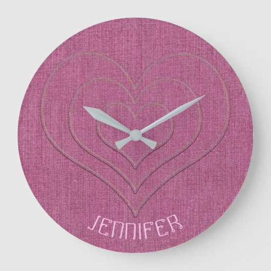 Pink Denim Jeans Fabric 3 Herz Name Personalisiert Große Wanduhr (Vorderseite)