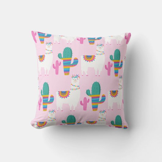 Pink Desert Llama und Cactus Pattern Kissen (Vorderseite)