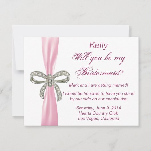 Pink Diamond Bow Wedding Bridesmaid Card Einladung (Vorderseite)