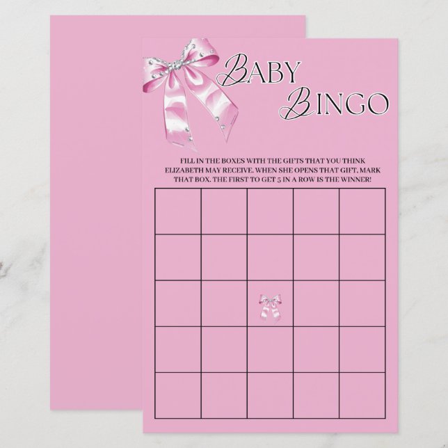 Pink Diamond Coquette Bow Babydusche Bingo (Vorne/Hinten)