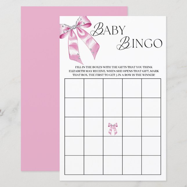 Pink Diamond Coquette Bow Babydusche Bingo (Vorne/Hinten)