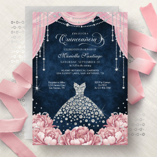 Pink Diamond Floral Quinceanera Invitation Einladung