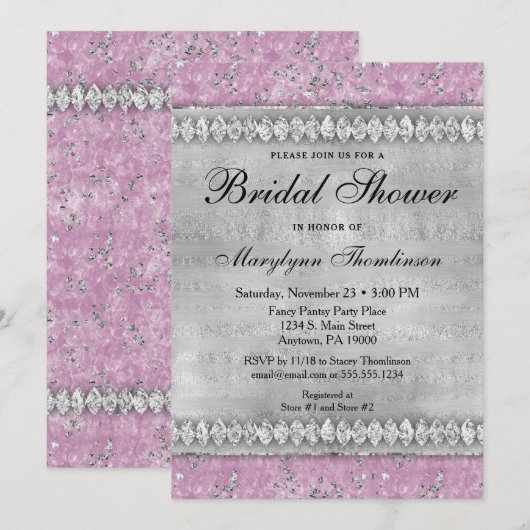 Pink Diamonds Bridal Dusche Einladung Silber (Vorne/Hinten)