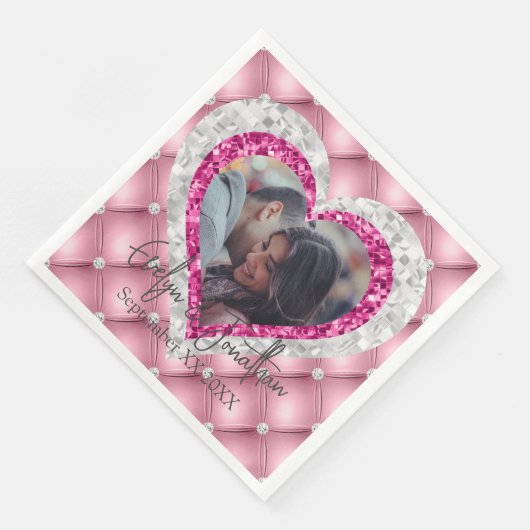 Pink Diamonds Silver Heart Frame Custom Foto Serviette (Ecke)