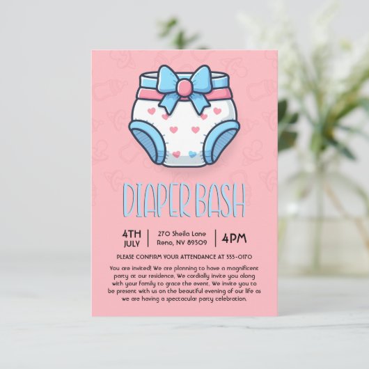 Pink Diaper Bash Baby Dusche Einladung (Stehend Vorderseite)