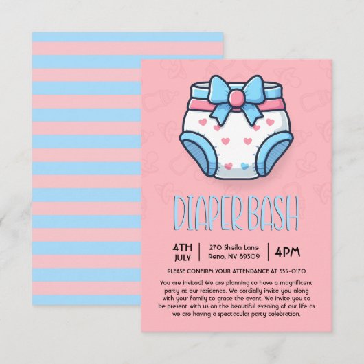 Pink Diaper Bash Baby Dusche Einladung (Vorne/Hinten)