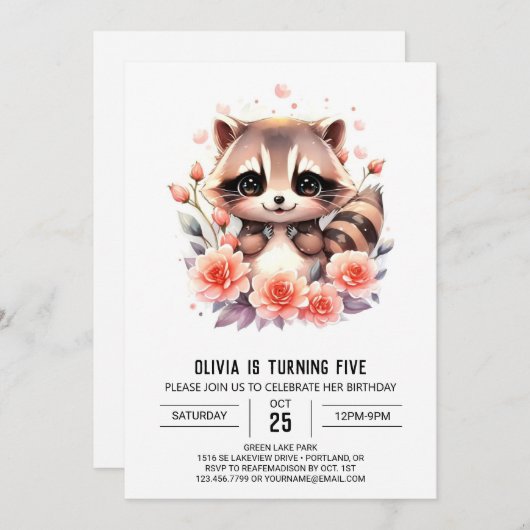 Pink Digital Raccoon Girl Birthday Einladung (Vorne/Hinten)