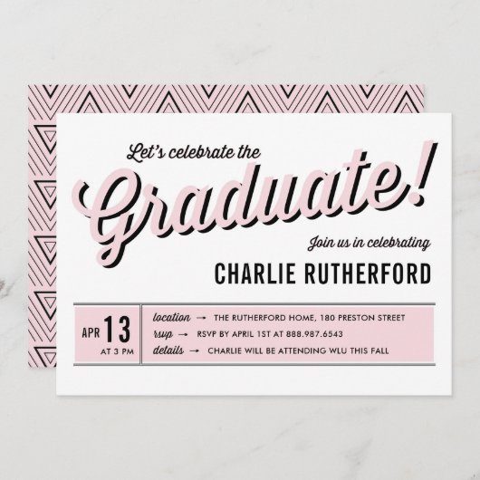 Pink Diner Retro Typografy Graduation Party Einladung (Vorne/Hinten)