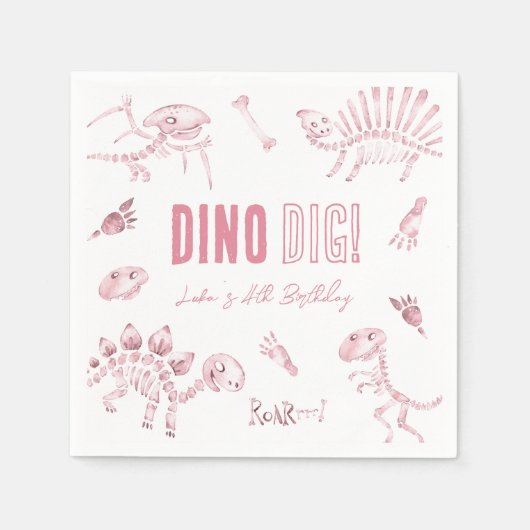Pink Dino Dig Birthday Serviette (Vorderseite)