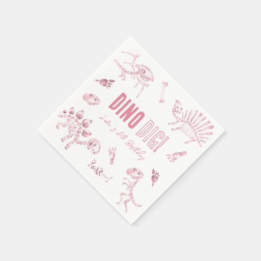 Pink Dino Dig Birthday Serviette (Ecke)