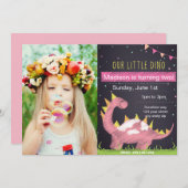 Pink Dino Einladung zum Geburtstag mit Foto (Vorne/Hinten)