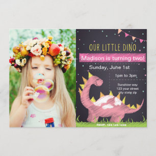 Pink Dino Einladung zum Geburtstag mit Foto
