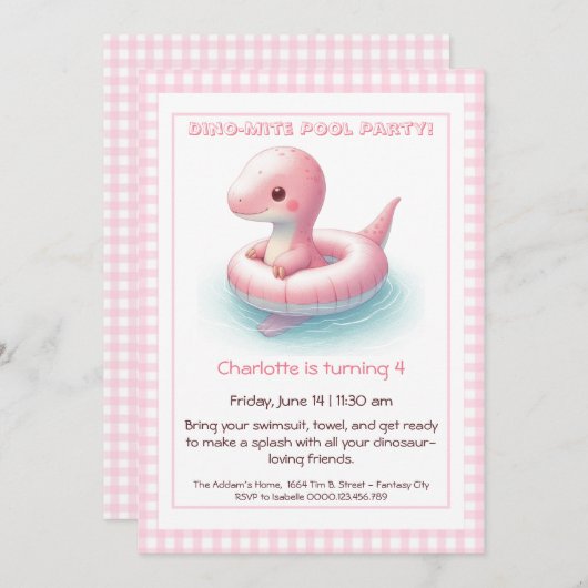 Pink Dino-Mite Birthday Pool Party Einladung (Vorne/Hinten)