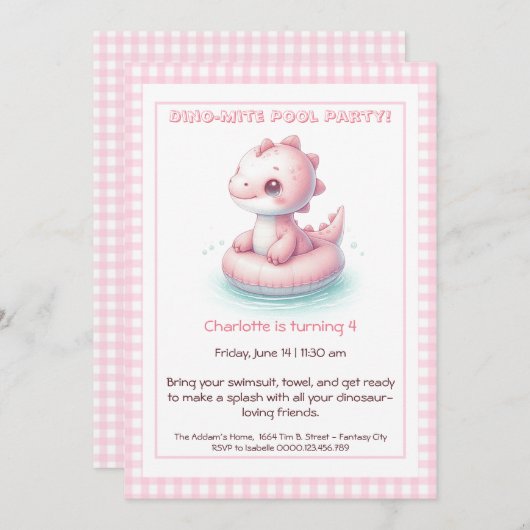 Pink Dino-Mite Birthday Pool Party Einladung (Vorne/Hinten)