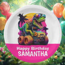 PINK Dino-Mite MONSTER TRUCK Geburtstagspartei Pappteller