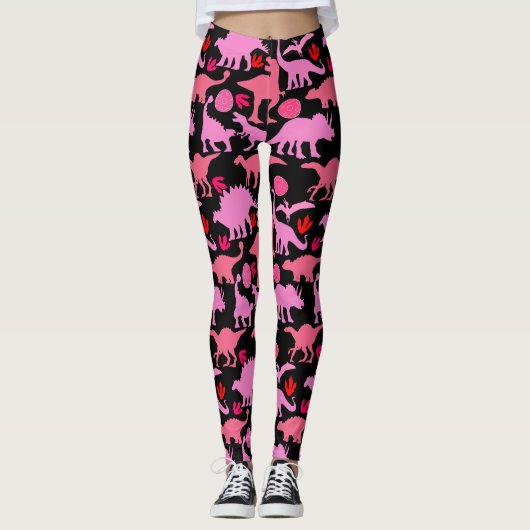 Pink Dino Pattern Black BG Leggings (Vorderseite)
