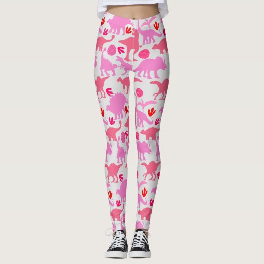 Pink Dino Pattern L Gray BG Leggings (Vorderseite)