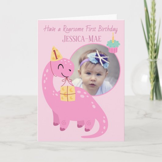 Pink Dinosaur 1st Birthday Card Karte (Vorderseite)